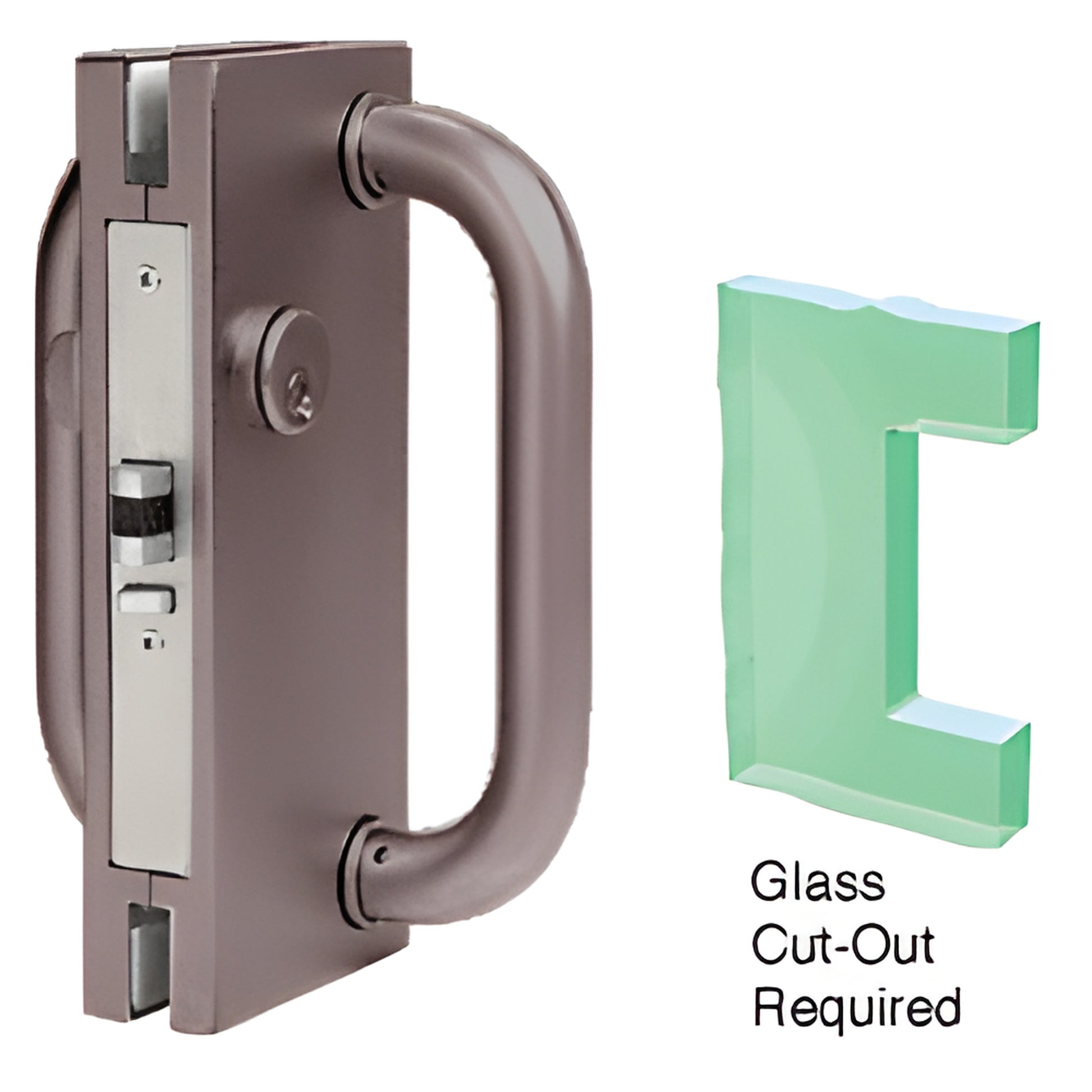 DL410RDU 4"x10" black bronze deadlatch center lock for 1/2" (12mm) tempered glass doors with D-handle.