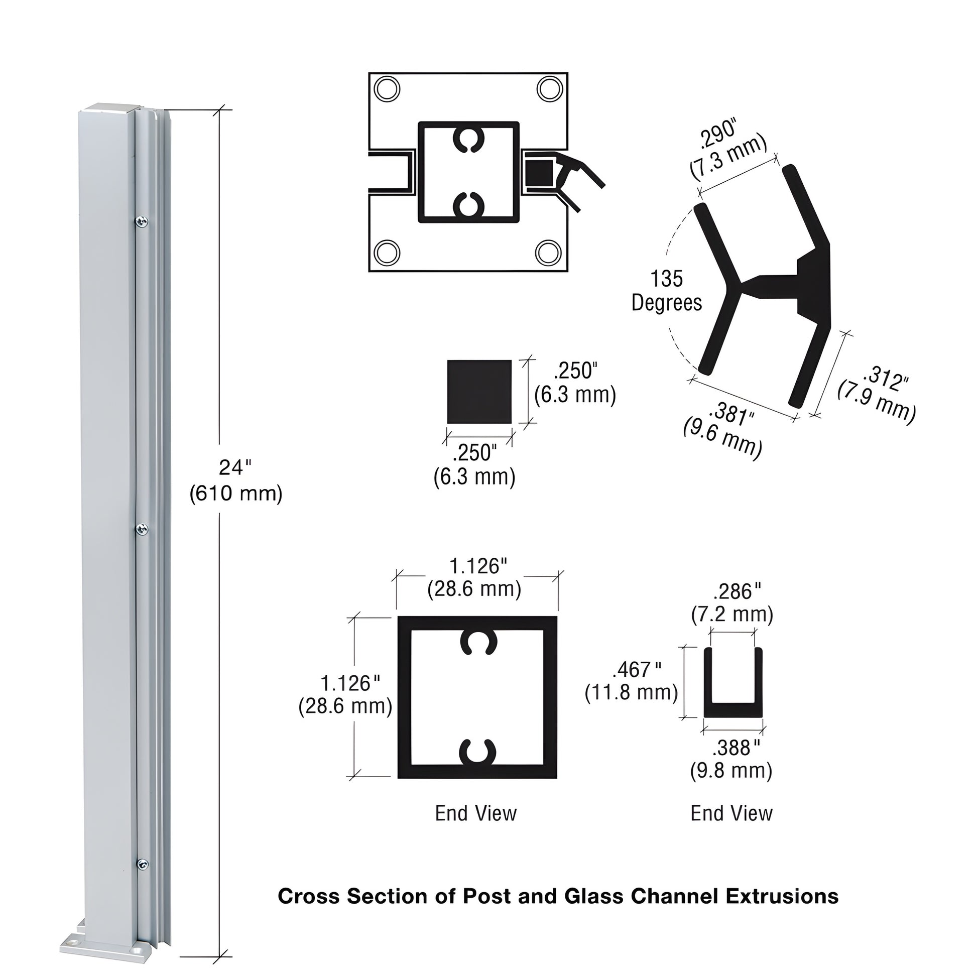 Satin anodized aluminum square glass partition post, 24" 135-degree center post with full-length glazing channel (SKU D990A24