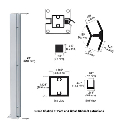 Satin anodized aluminum square glass partition post, 24" 135-degree center post with full-length glazing channel (SKU D990A24