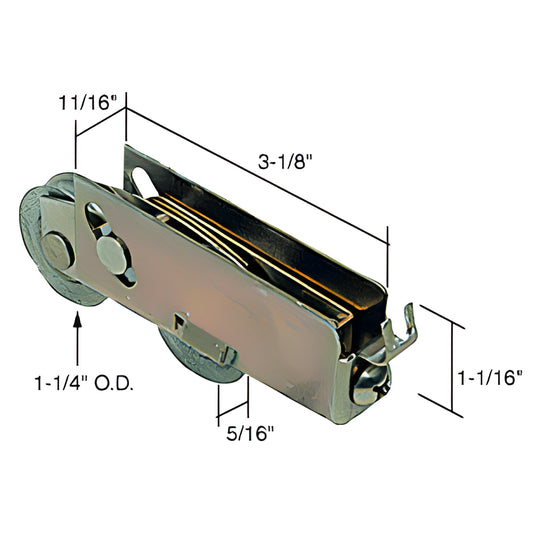 D1552B adjustable steel tandem sliding door roller assembly with 1-1/4 in concave wheels and 3-1/8 in housing