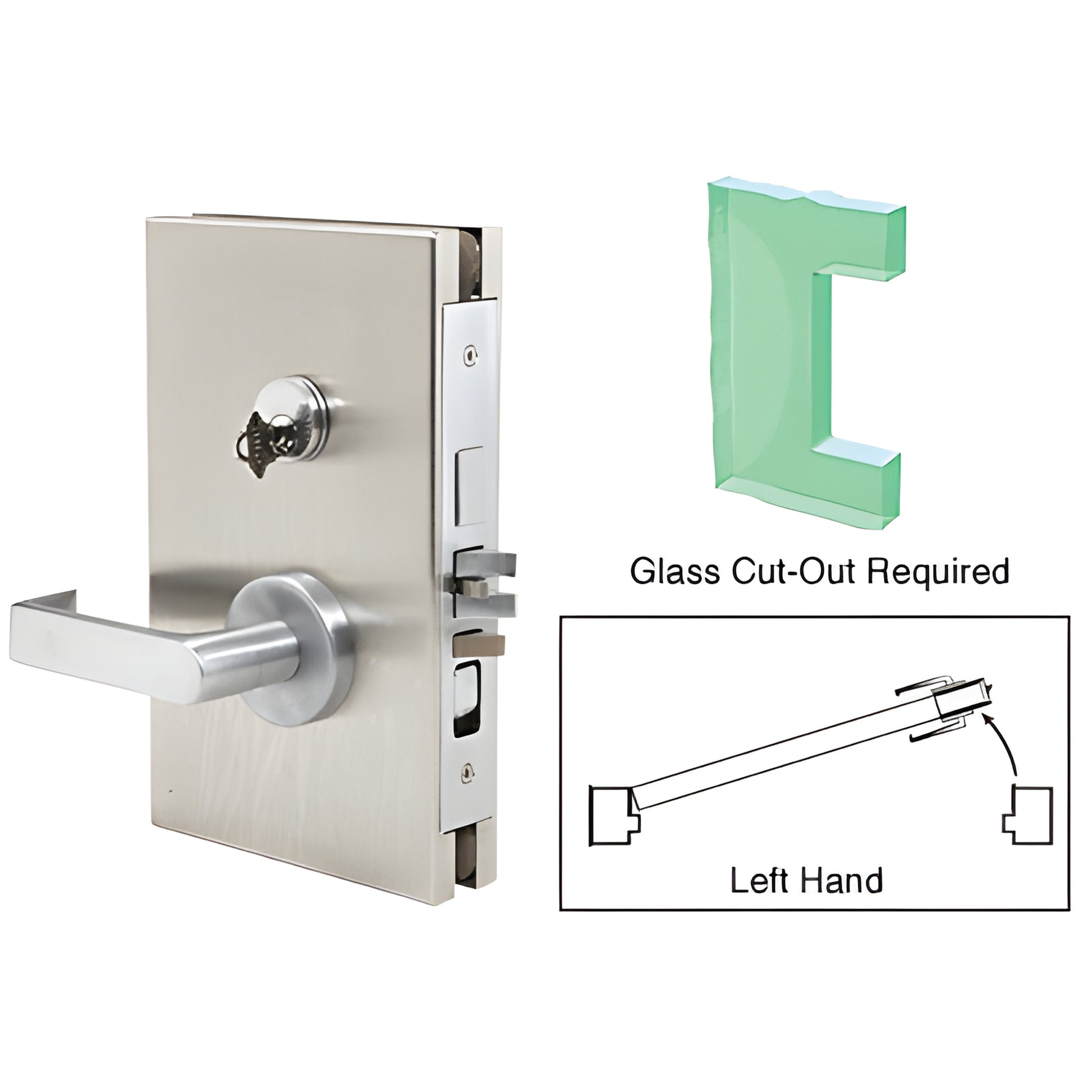 DL610LEBS brushed stainless 6x10 center lock for 1/2" tempered glass, left-hand, deadlatch