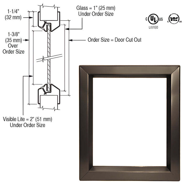 Bronze beveled 24x36 fire-rated door vision lite frame SKU VLFEZ24X36, fits 3/16-1/4" glazing.