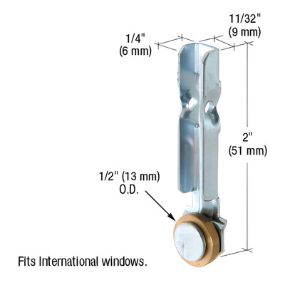 CRL 1/2" Flat Edge Brass Sliding Window Roller With Stamped Steel Bracket for International Windows