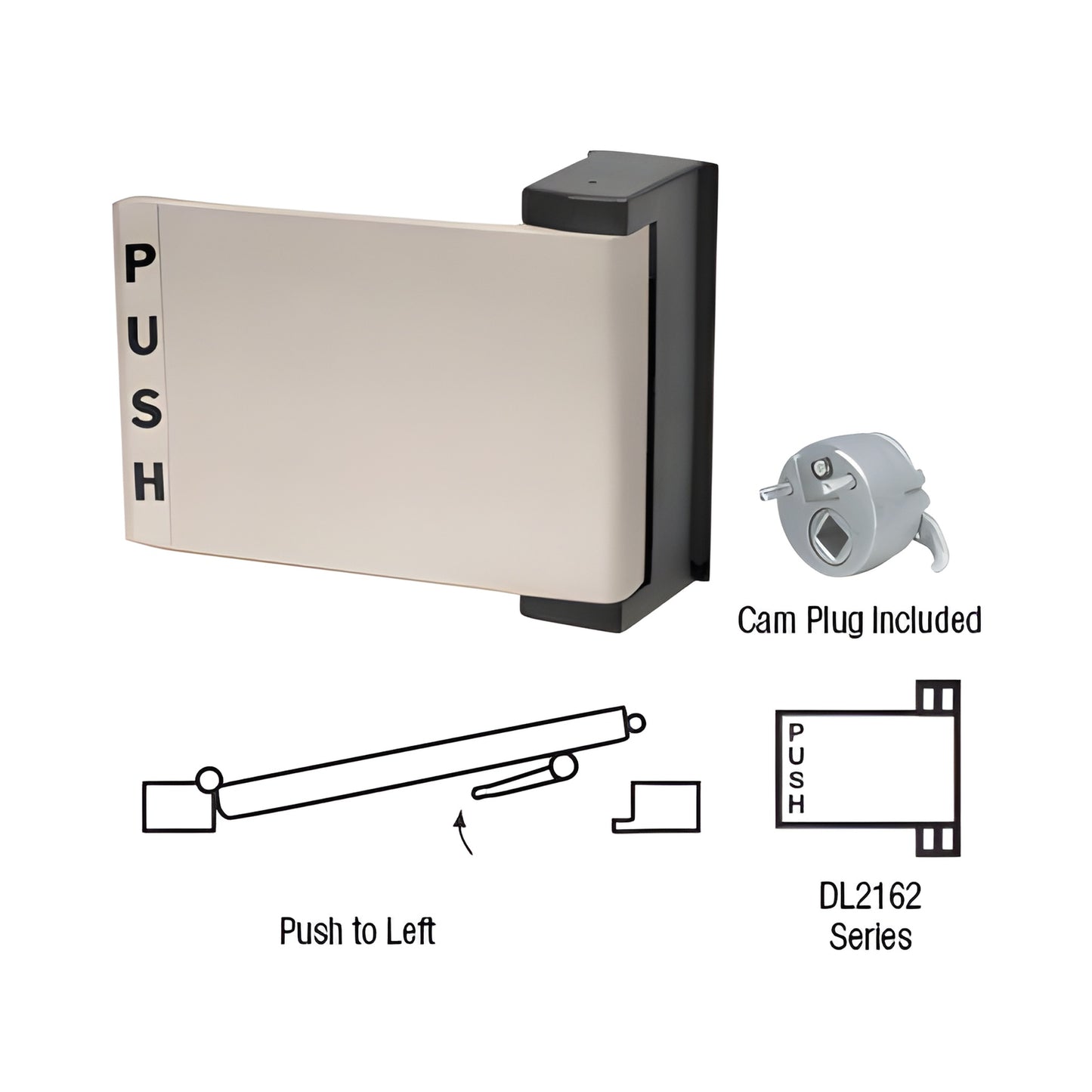 DL2162BN brushed-nickel universal push-pull paddle with cam plug, field-reversible for left/right doors