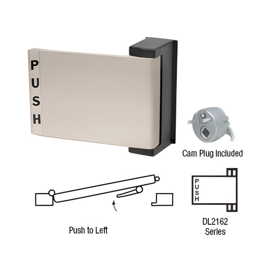 DL2162BN brushed-nickel universal push-pull paddle with cam plug, field-reversible for left/right doors