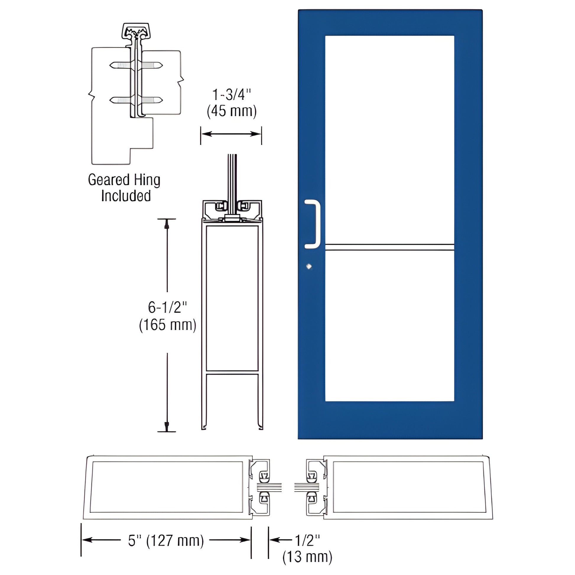 Blue commercial wide-stile entrance door diagram with glass & hardware; 5" stiles, 6-1/2" bottom rail. SKU DC51871