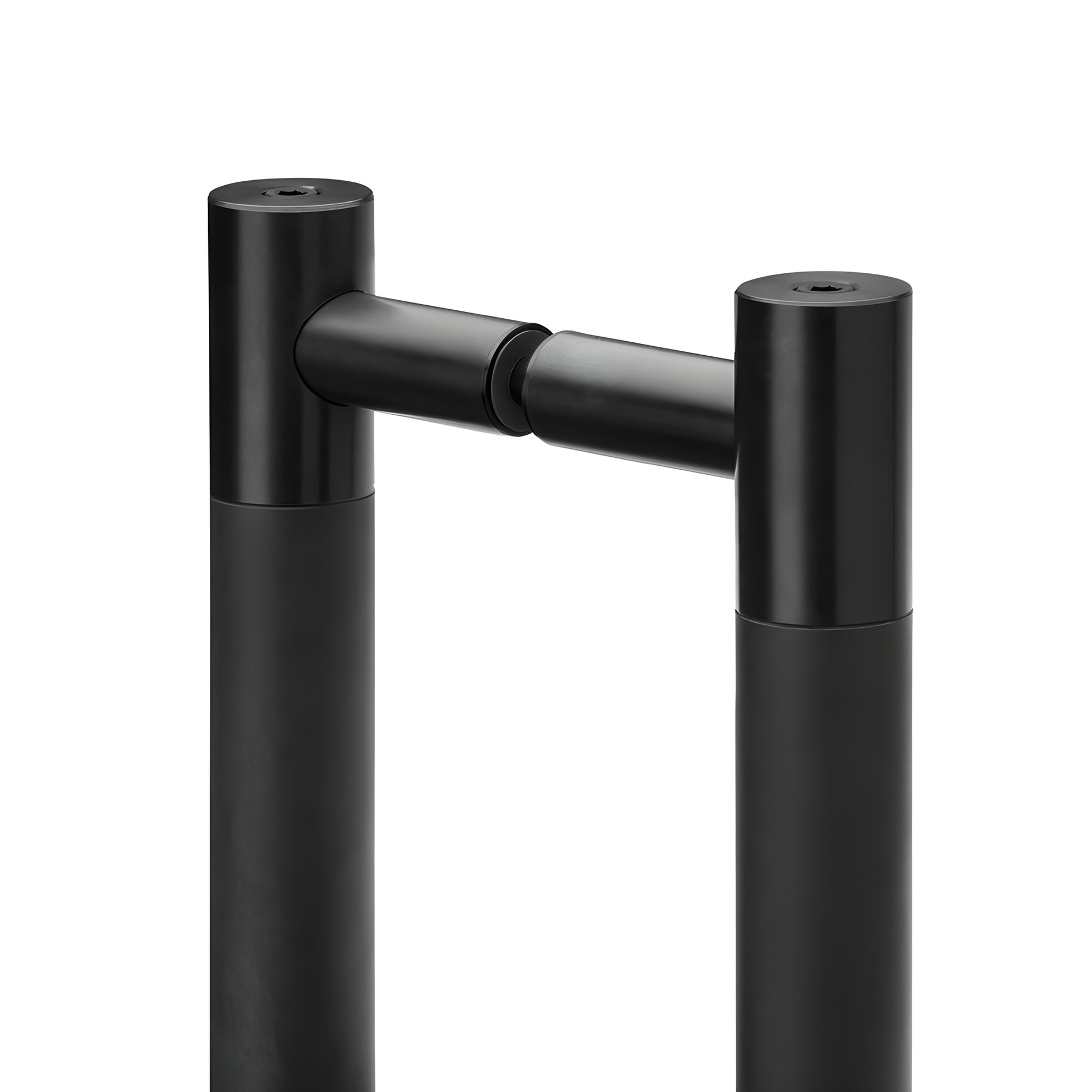 Black stainless double-sided 24" surface-mounted sign standoff pair, cylindrical posts with horizontal mounting bar.