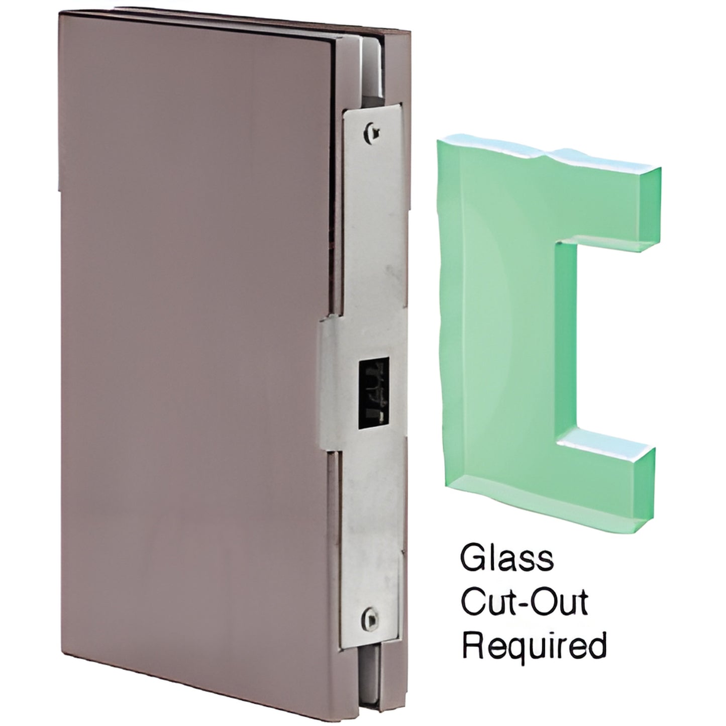 DLK610DU 6x10 center lock glass keeper, black bronze anodized, for 1/2" tempered glass (cut-out shown)