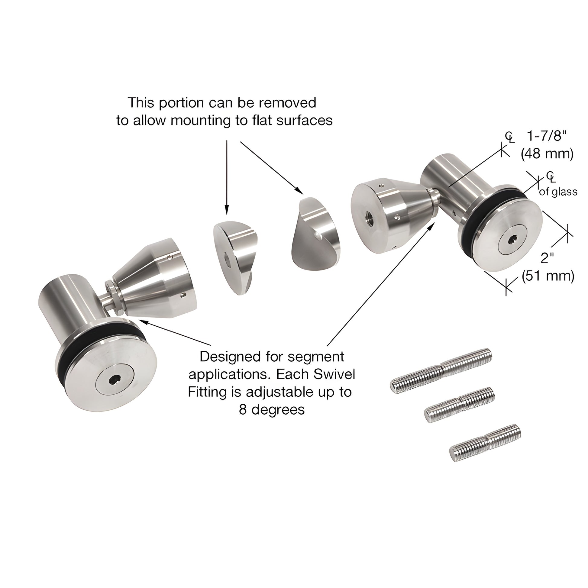 RB50SBS stainless double-arm glass fitting kit with studs and caps for 1/2" (12 mm) laminated tempered glass