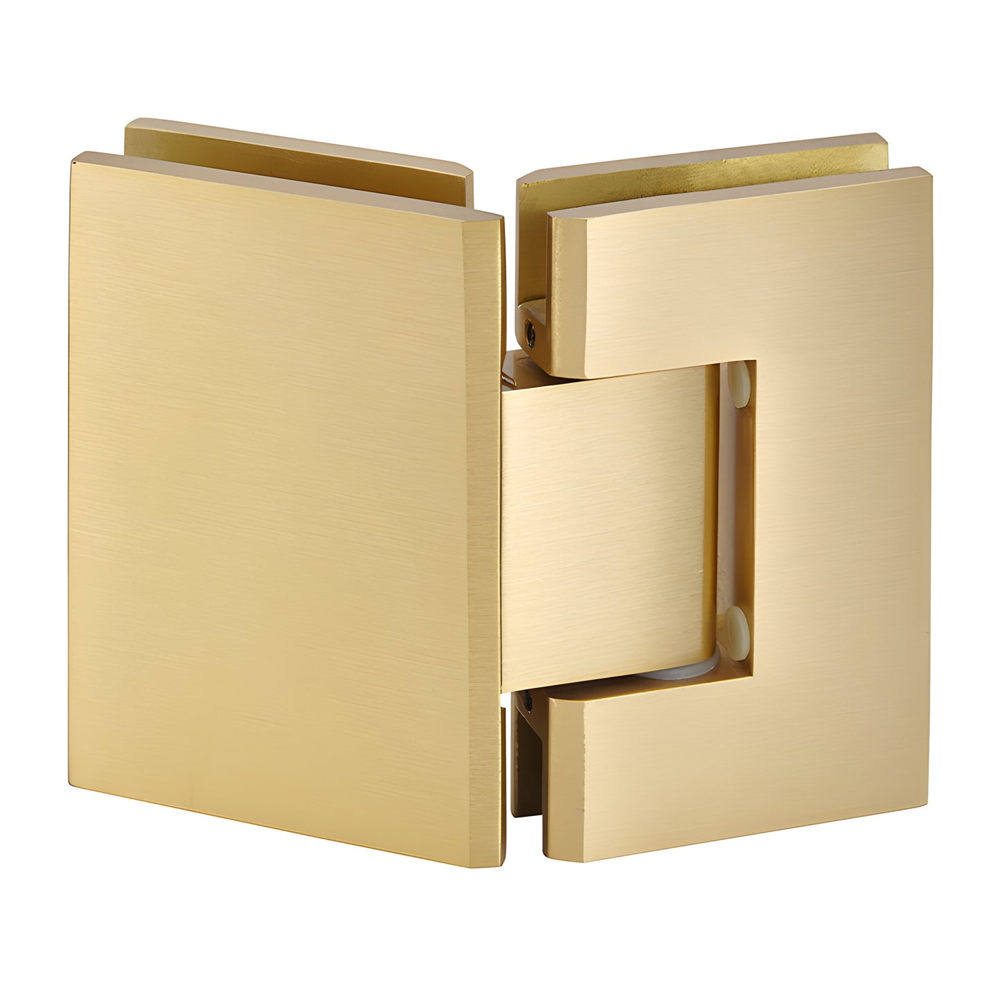 Satin brass square glass-to-glass shower hinge, self-centering Geneva series (fits 8-12mm glass)