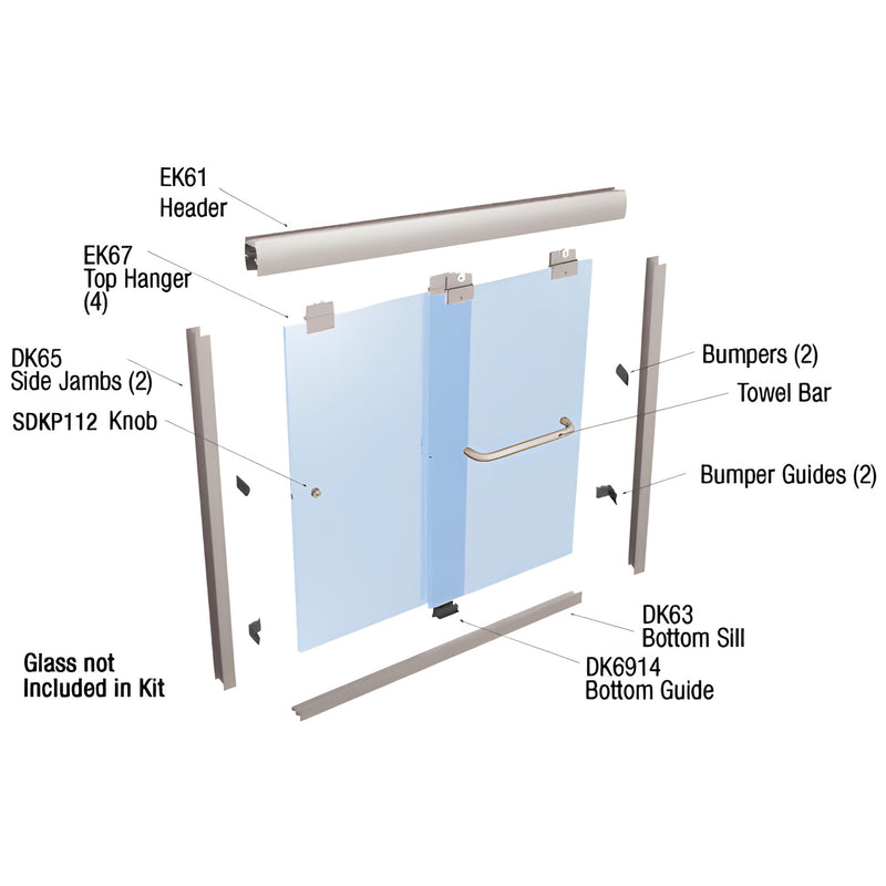 EK146072BN brushed-nickel frameless top-hung sliding shower door kit, clamp-on hangers, for 1/4" tempered glass (hardware sho
