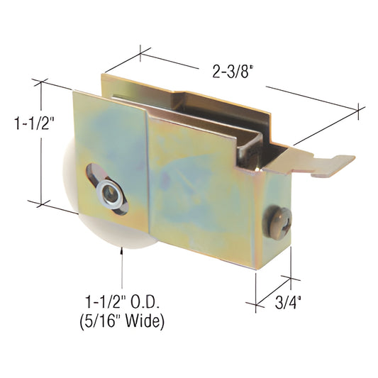 D1516 sliding glass door roller assembly - adjustable steel housing with 1-1/2" nylon concave roller, 2-3/8" long, 3/4" wide.