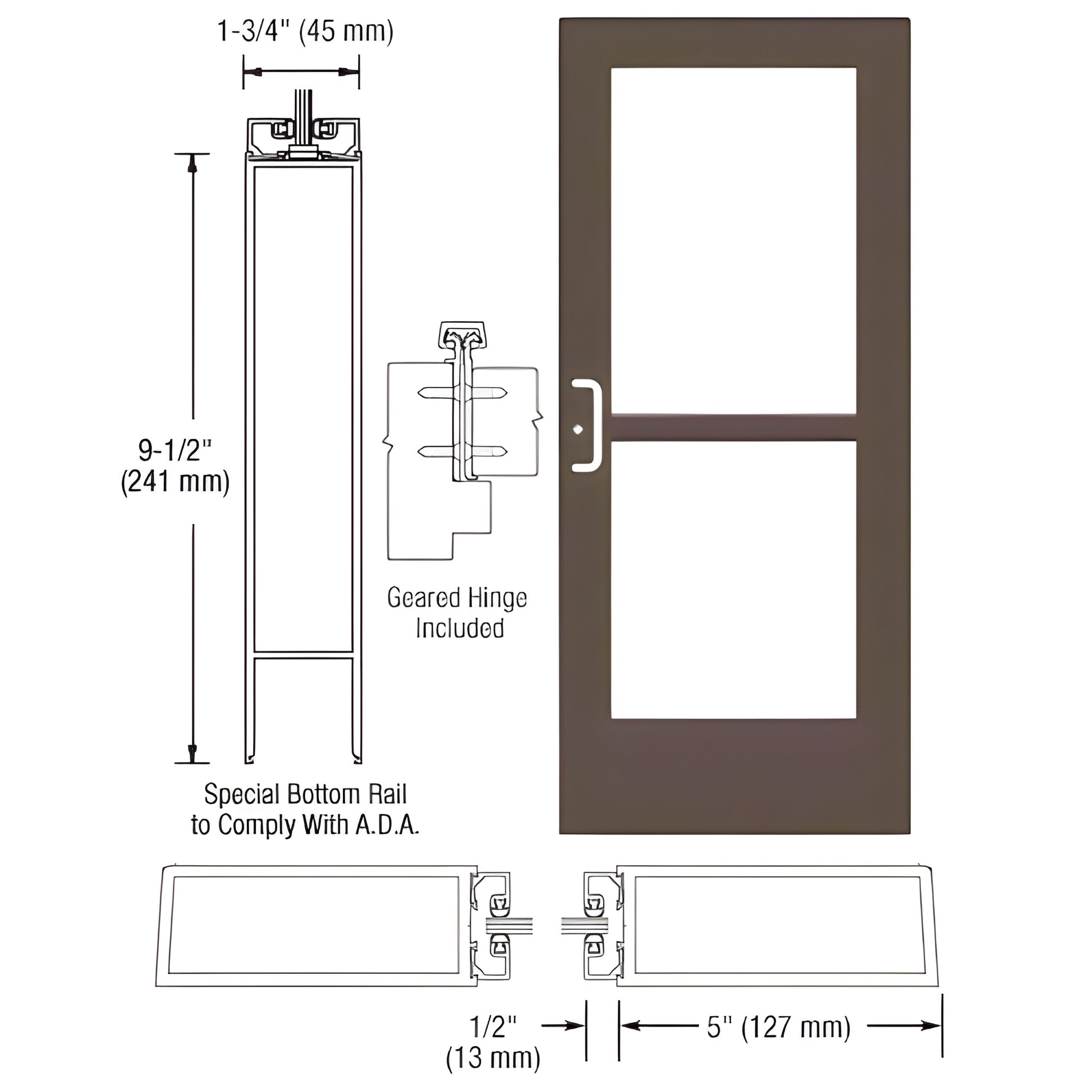 CZ51822 black bronze anodized wide-stile commercial entrance door with two glass panels, 9.5" ADA bottom rail, geared hinge.