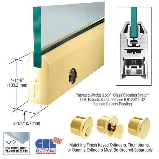 Polished brass CRL Wedge-Lock 4" door rail for 3/4" tempered glass with keyed cylinder option, SKU DR4TPB34CL