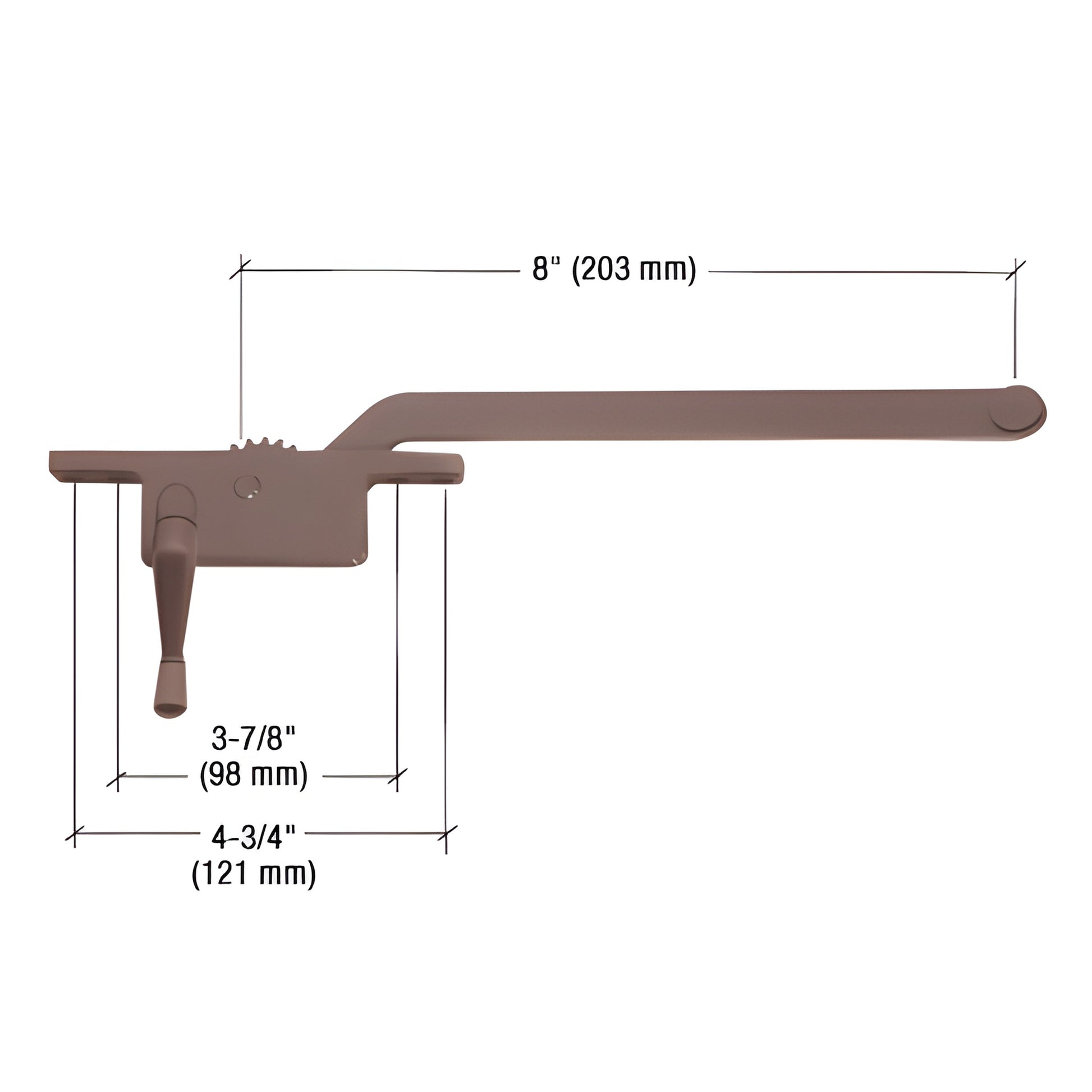Bronze left-hand CRL casement window operator (SKU 5258LHBRZ), square housing, 8" arm, 3/8" spline, 3-7/8"/4-3/4" mounts.