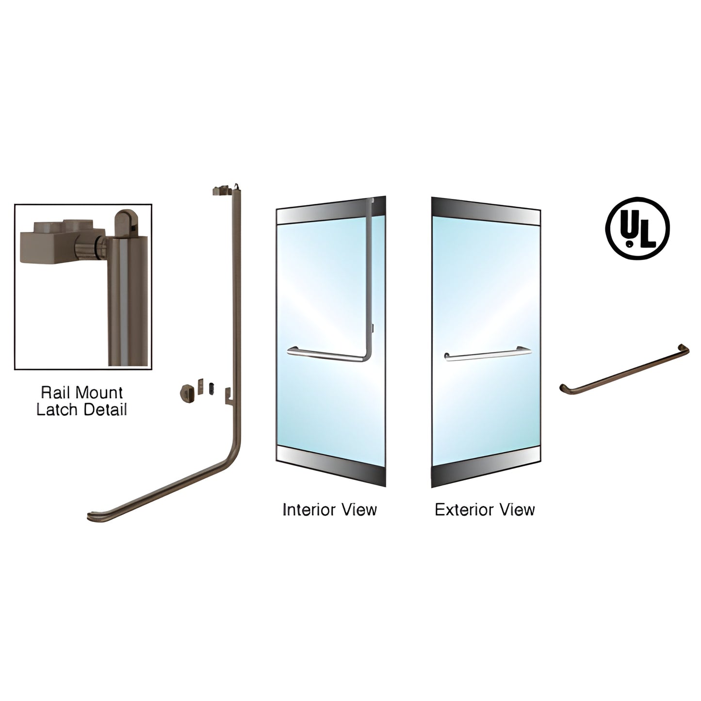 PA100A3RK0RB oil-rubbed bronze tubular panic handle for 1/2-3/4" glass doors, rail-mount, interior push bar, UL listed