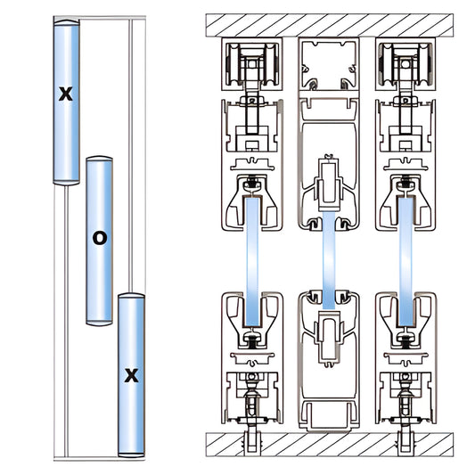 CRL overhead track sliding/bifold door system diagram, triple-track section for 3-panel glass, black (SKU 0TS203BL)