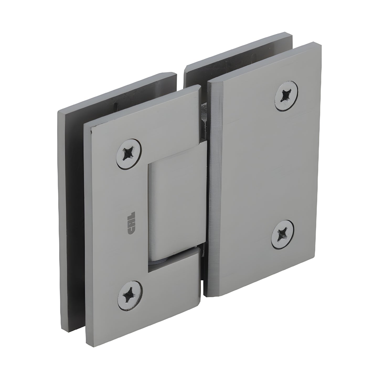 GEN180BN brushed nickel glass-to-glass square shower hinge, solid brass, self-centering, fits 8-12mm glass