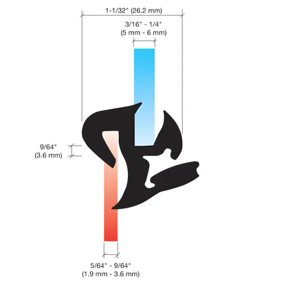 AS1660 EPDM self-sealing weatherstrip profile (black) silhouette over blue-to-red vertical gradient bar