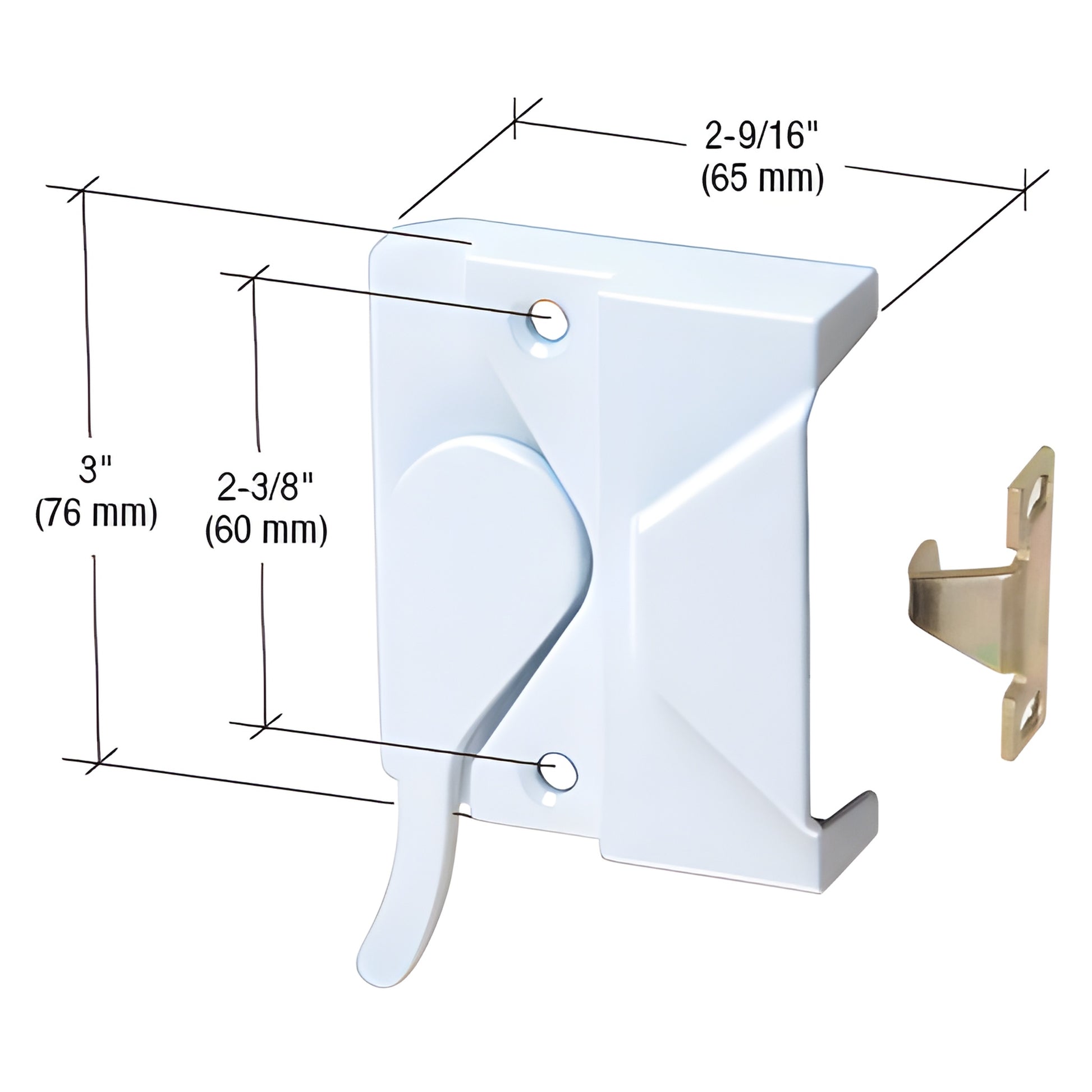 White CRL casement window sash lock with steel keeper (SKU H3953), diecast housing, 2-9/16" wide