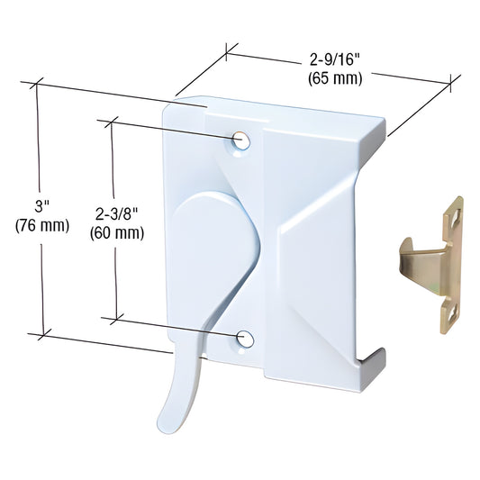 White CRL casement window sash lock with steel keeper (SKU H3953), diecast housing, 2-9/16" wide