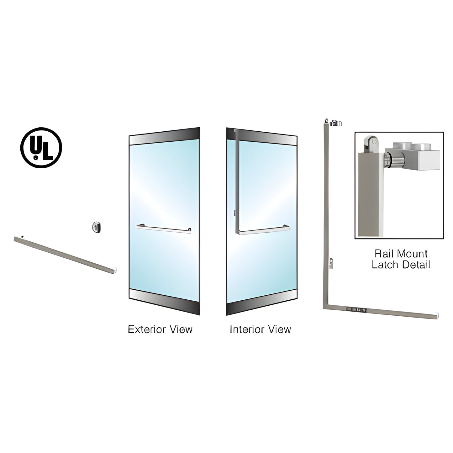 Brushed stainless PA100 rail-mount panic handle for 1/2" tempered glass doors, left-hand reverse - SKU DPA100A4RKBS
