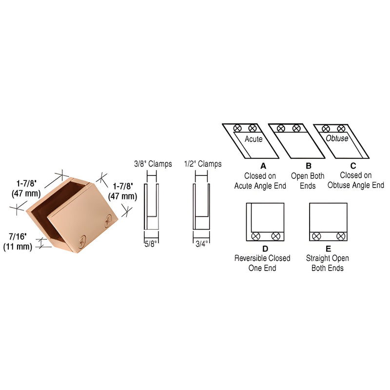 RH3312BR polished brass open-center clamp for 1/2 (12mm) tempered glass, solid brass, 1-7/8 (48mm) square.