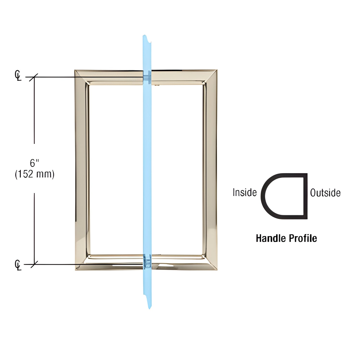 Polished nickel RM Series back-to-back pull handle SKU RM6X6PN - 3/4" tube, 6" c-c, flat outside/round inside, for 6-12mm gla