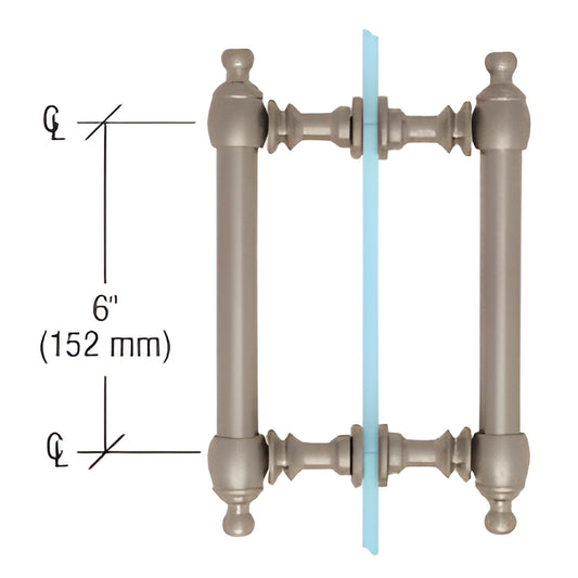Brushed nickel Colonial back-to-back brass shower pull, 3/4" tube, 6" center spacing, fits 6-12mm glass