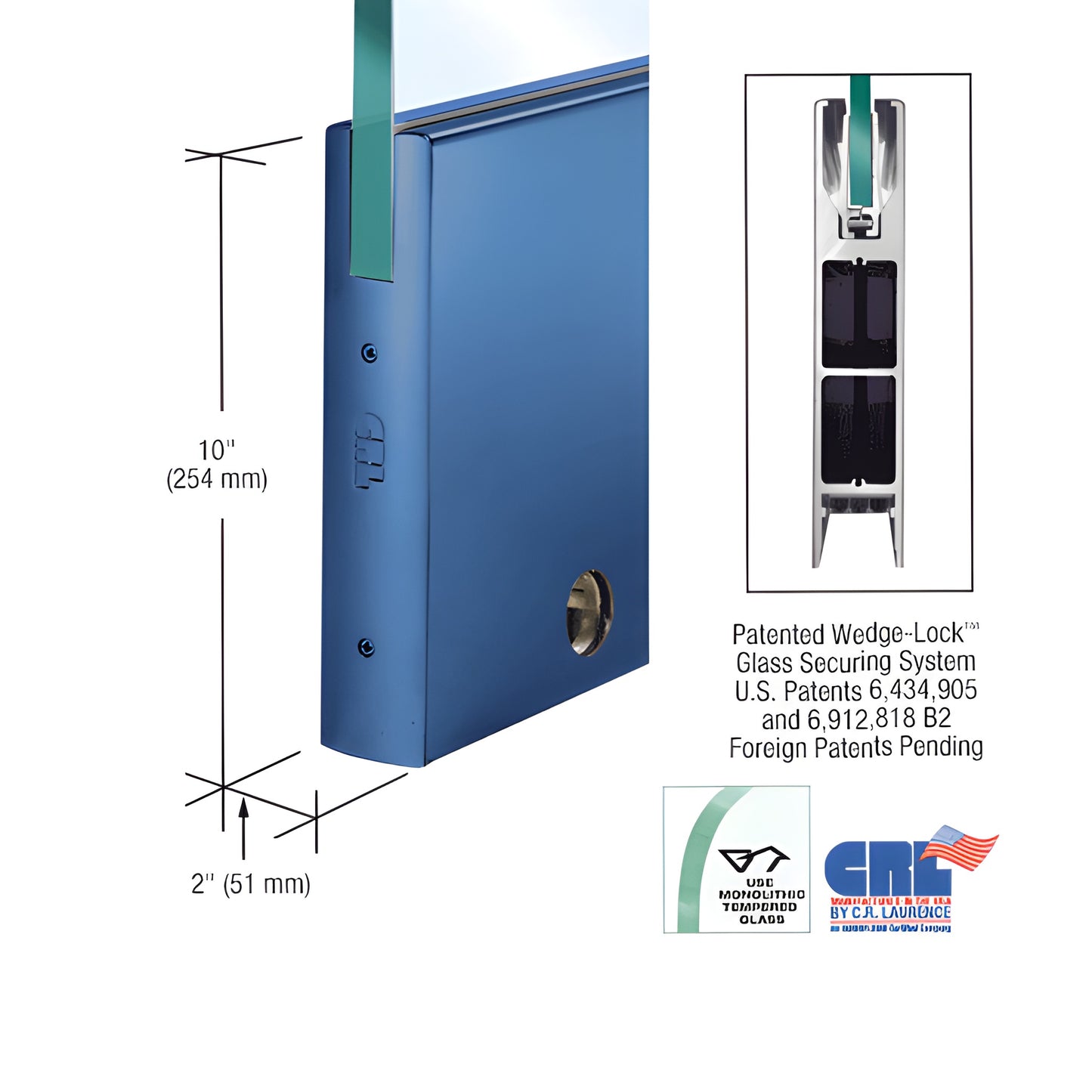 DR10SPT12CL powder-coated aluminum 10 in square bottom door rail for 1/2-3/4" glass, Wedge Lock glass securing system, includ