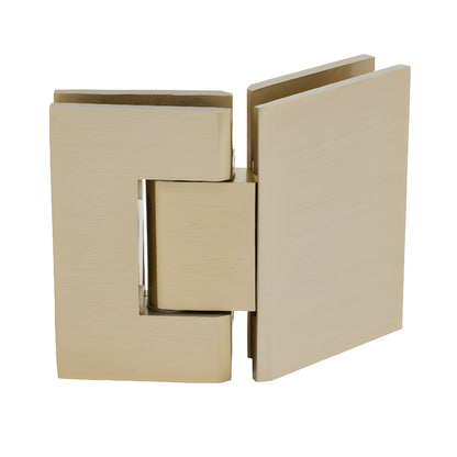 Brushed bronze Geneva glass-to-glass shower hinge, solid brass, square profile, 135 self-centering.