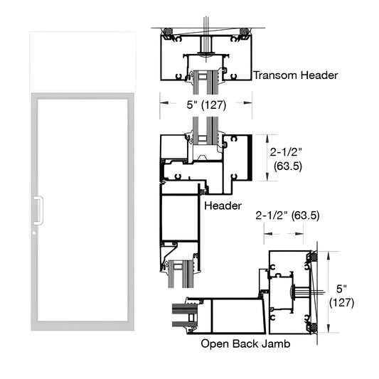 SKU 0F91552 - white Kynar single transom impact door frame with TH811 threshold and sectional drawings.