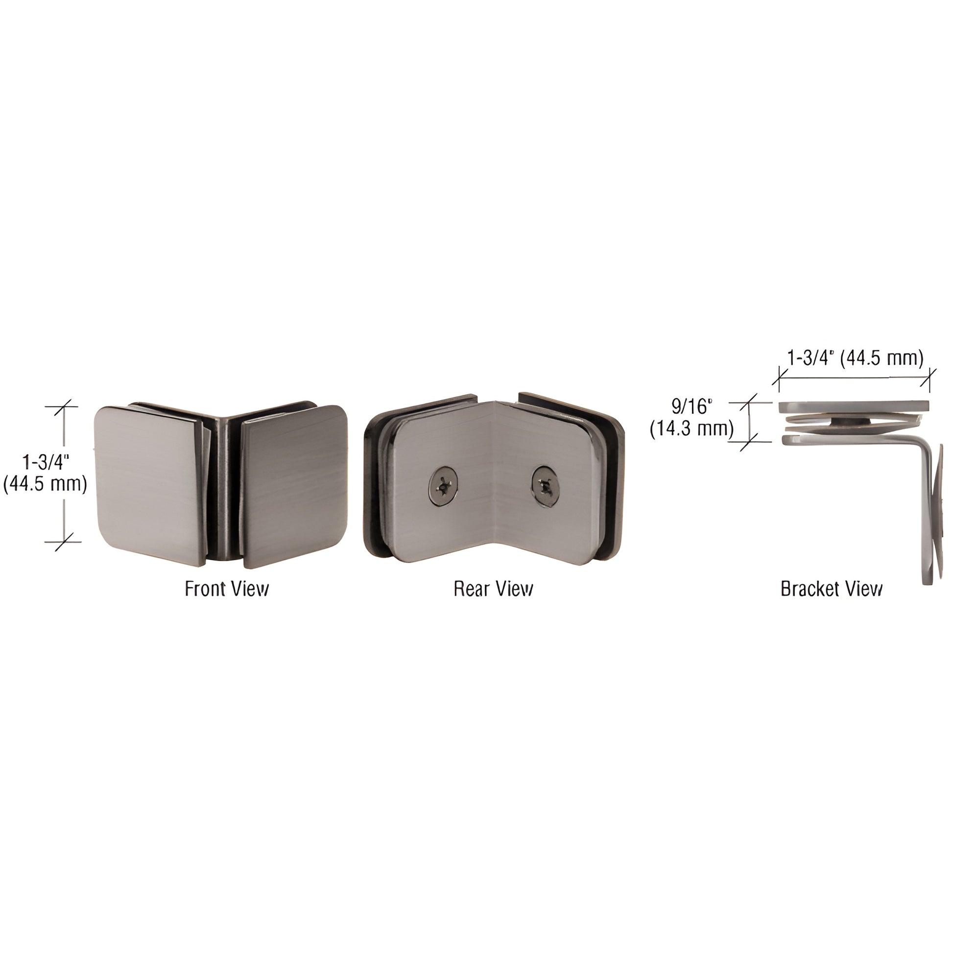 Brushed nickel 90 solid brass glass-to-glass clamp for 1/4" (6mm) glass, GCB690BN - front, rear and bracket views.