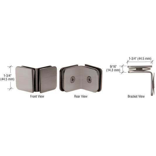 Brushed nickel 90 solid brass glass-to-glass clamp for 1/4" (6mm) glass, GCB690BN - front, rear and bracket views.