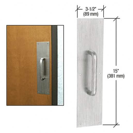 Brushed stainless pull handle with plate, 6" length, 3/4" diameter, sleek modern design.
