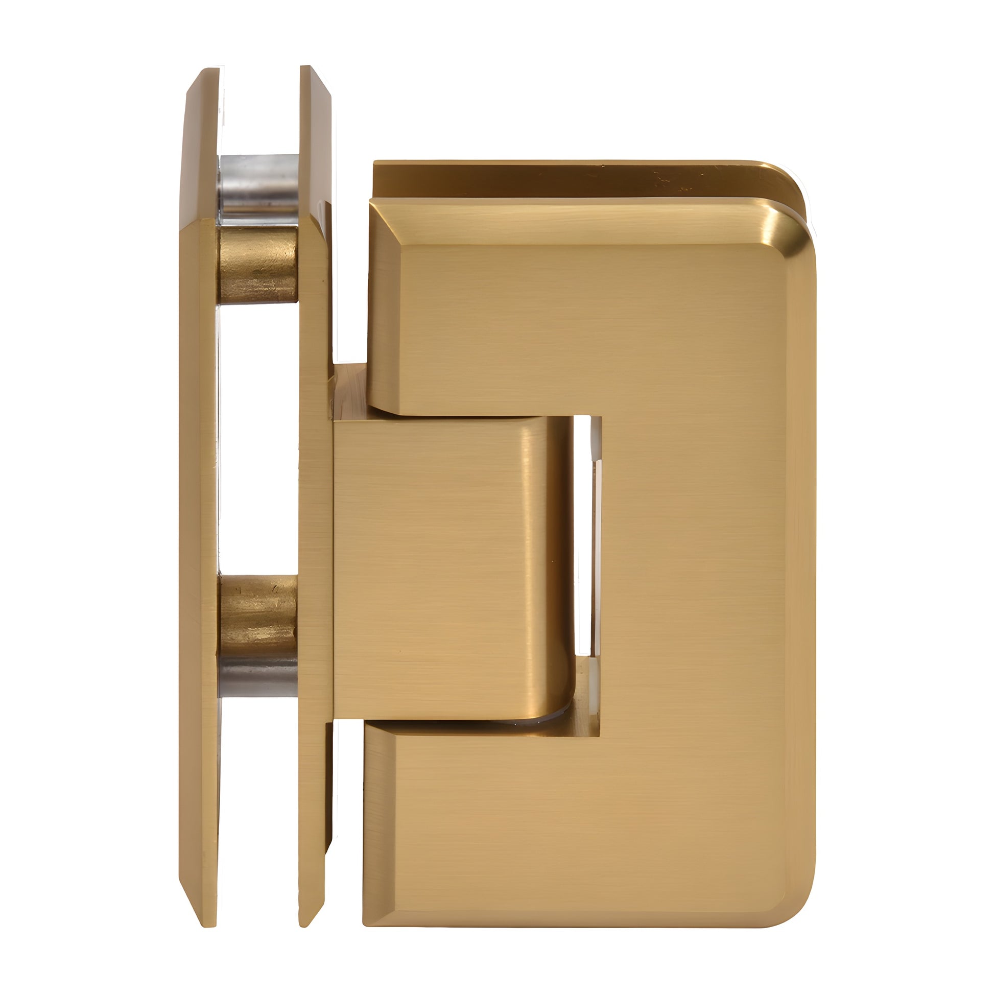 Modern gold beveled brass 90 glass-to-glass shower hinge, Cologne series, for 3/8-1/2" glass.