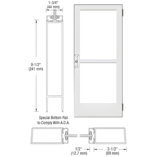 CZ41552 white Kynar medium-stile commercial entrance door with 9-1/2" ADA bottom rail, 3-1/2" stiles, fits 1/4" tempered glas