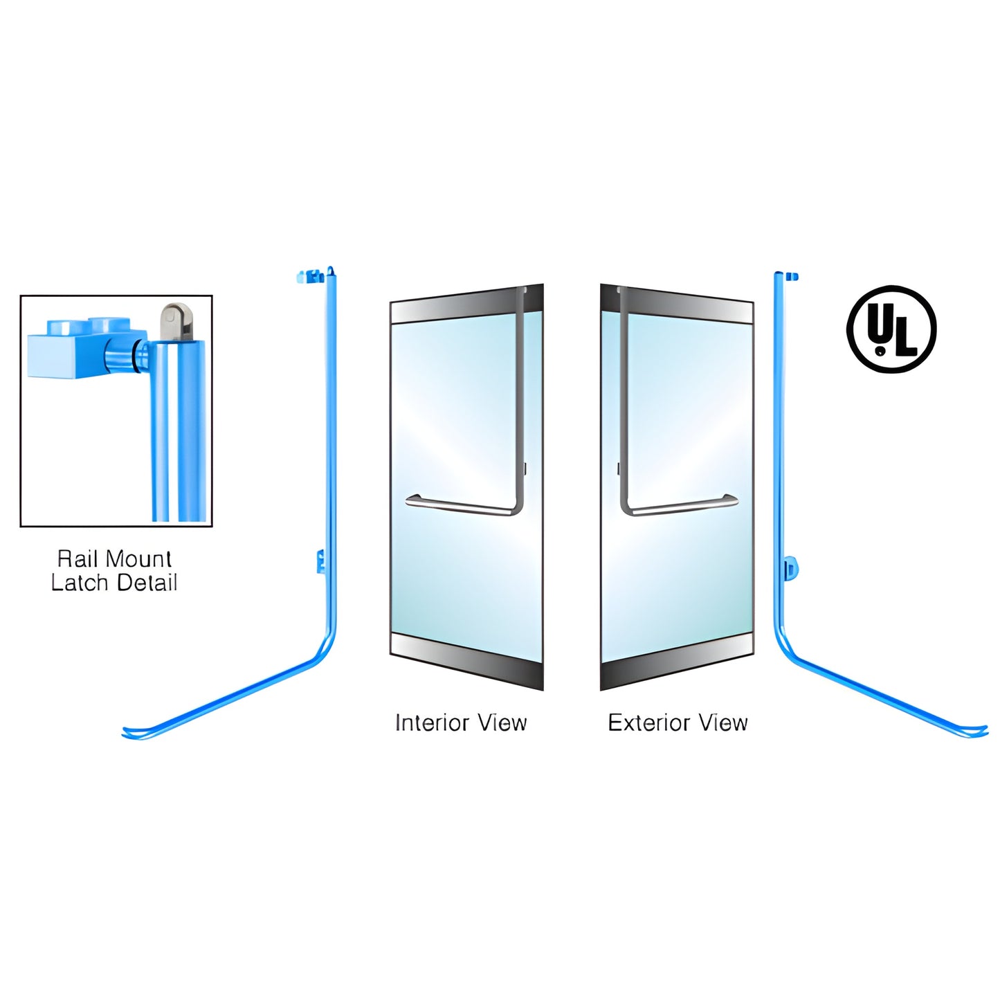 Tubular PA100 panic handle for glass doors, 1-1/4" stainless steel vertical tube with top rail-mount latch, UL listed.