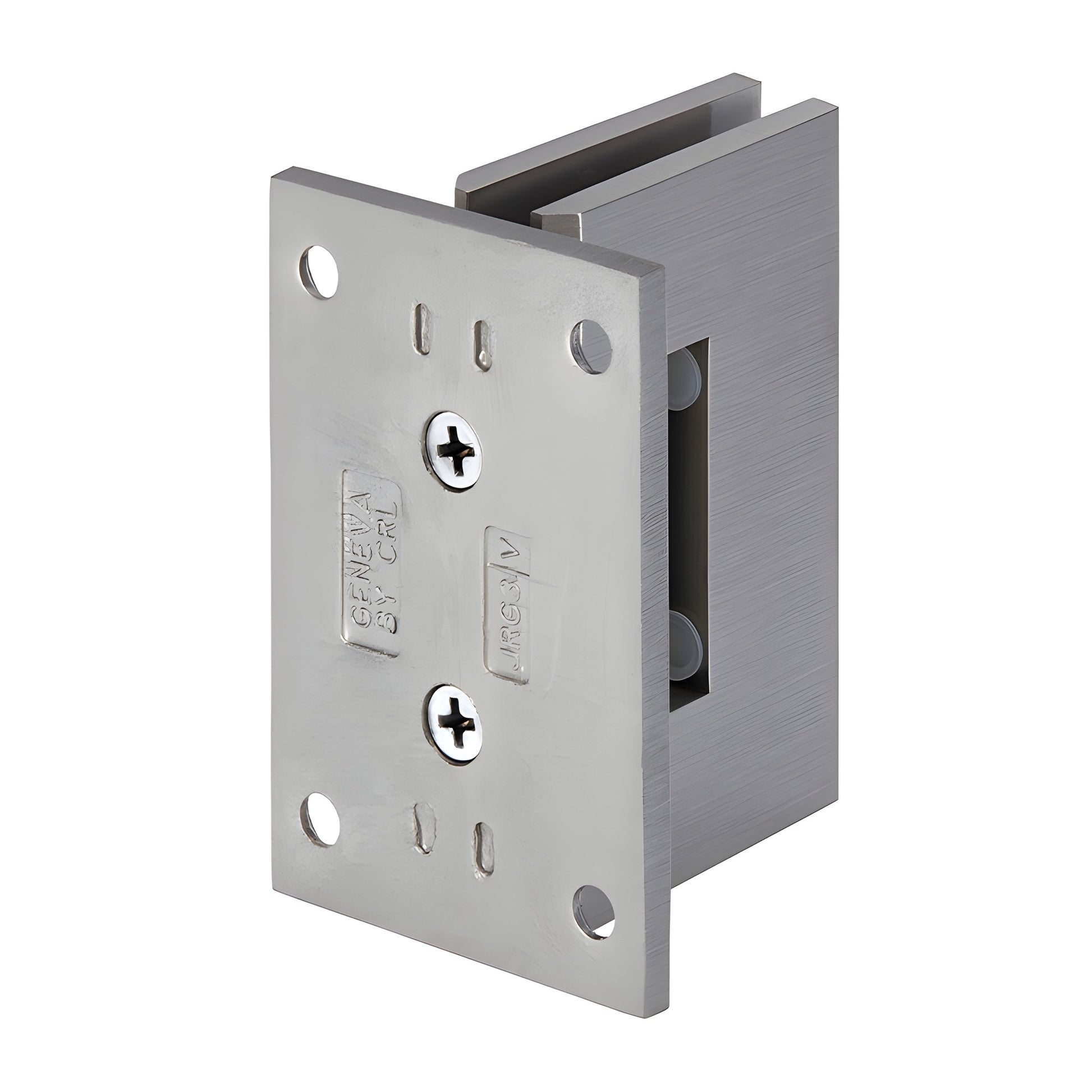 JRG037BN brushed-nickel brass wall-mount glass hinge, full back plate, for 6-8mm tempered glass, self-centering.