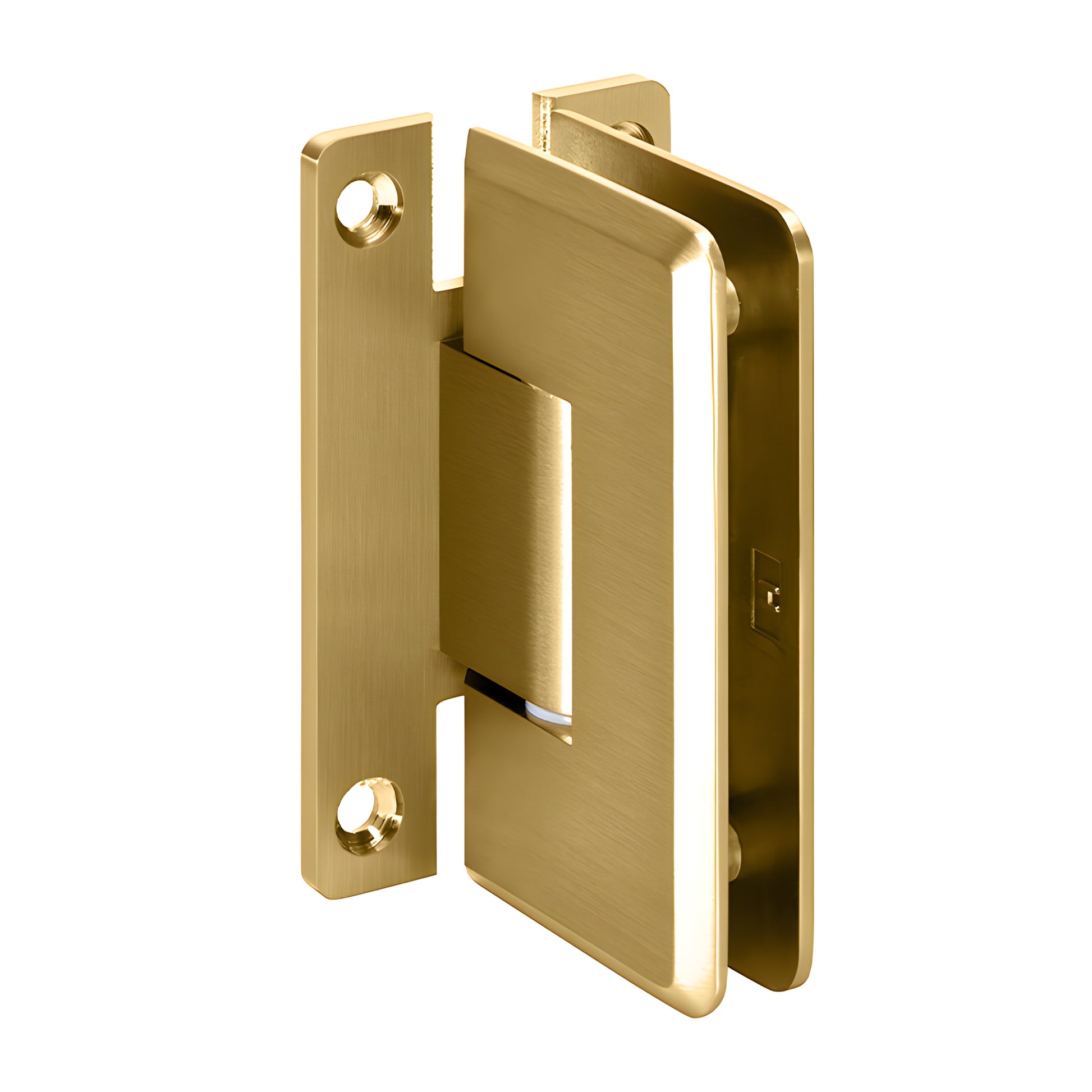 Satin brass Cologne shower door hinge with H wall plate, beveled edges, self-centering, fits 10-12 mm glass.