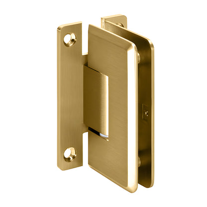 Satin brass Cologne shower door hinge with H wall plate, beveled edges, self-centering, fits 10-12 mm glass.