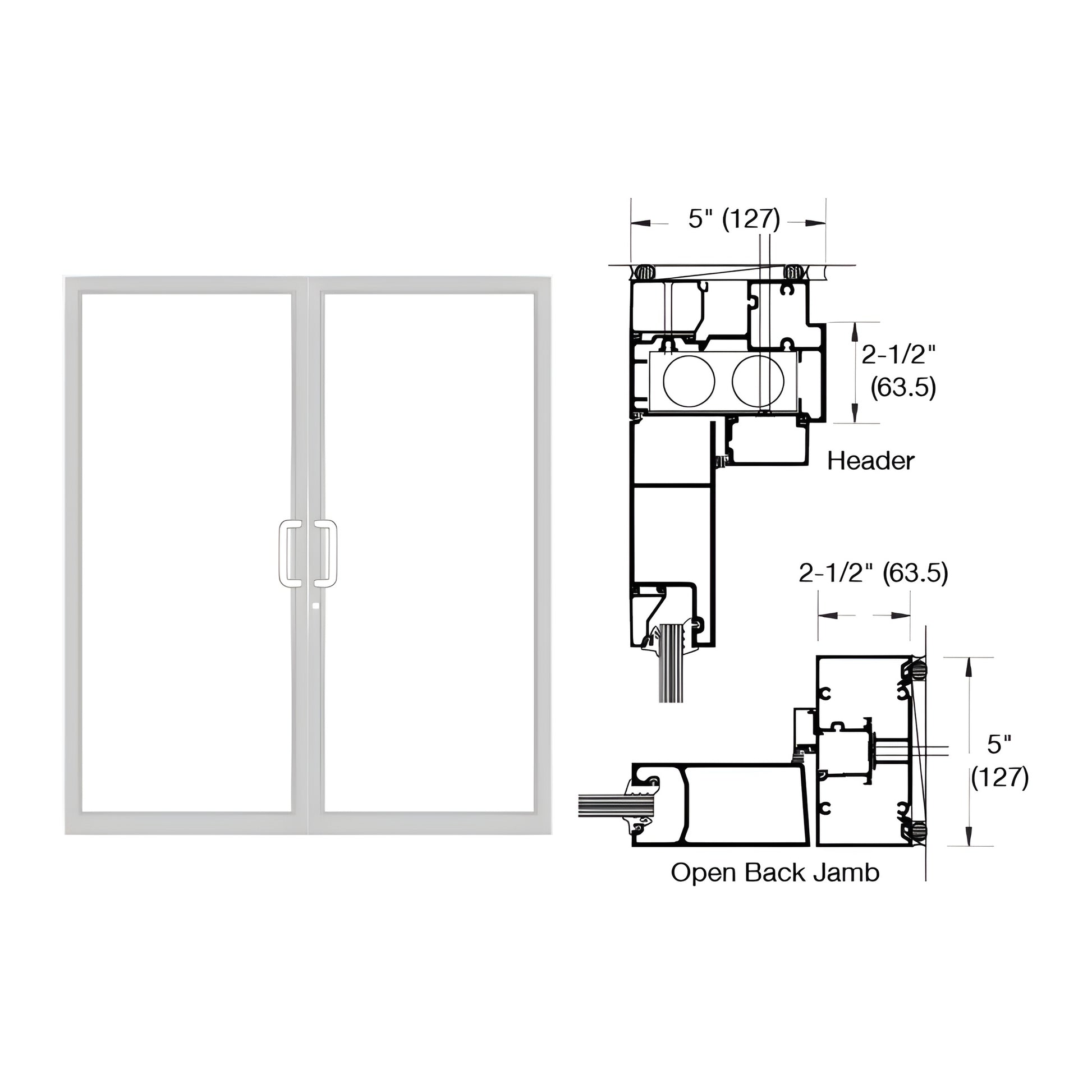 White Kynar double up/over hurricane impact door frame with center handles and technical jamb/header diagrams. SKU 0F42452