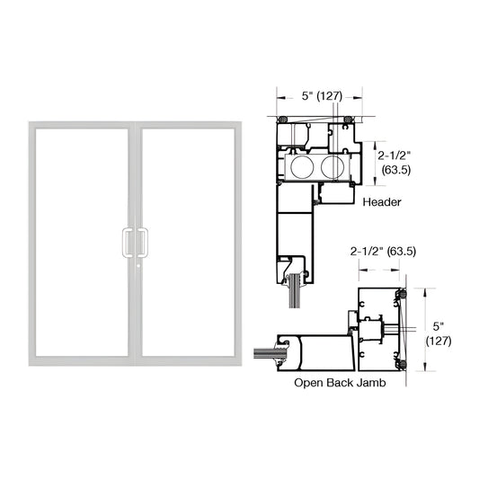 White Kynar double up/over hurricane impact door frame with center handles and technical jamb/header diagrams. SKU 0F42452
