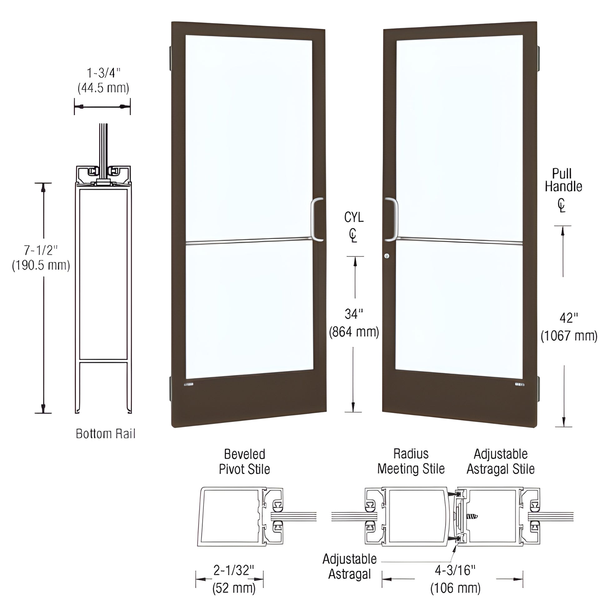 HE22522: black bronze anodized narrow-stile commercial entrance door pair with 7-1/2" bottom rail and glass
