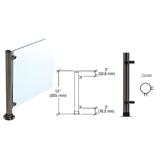 12" gloss black Slimline 90 corner glass partition post, 1" diameter, fits 1/4" or 3/8" glass.