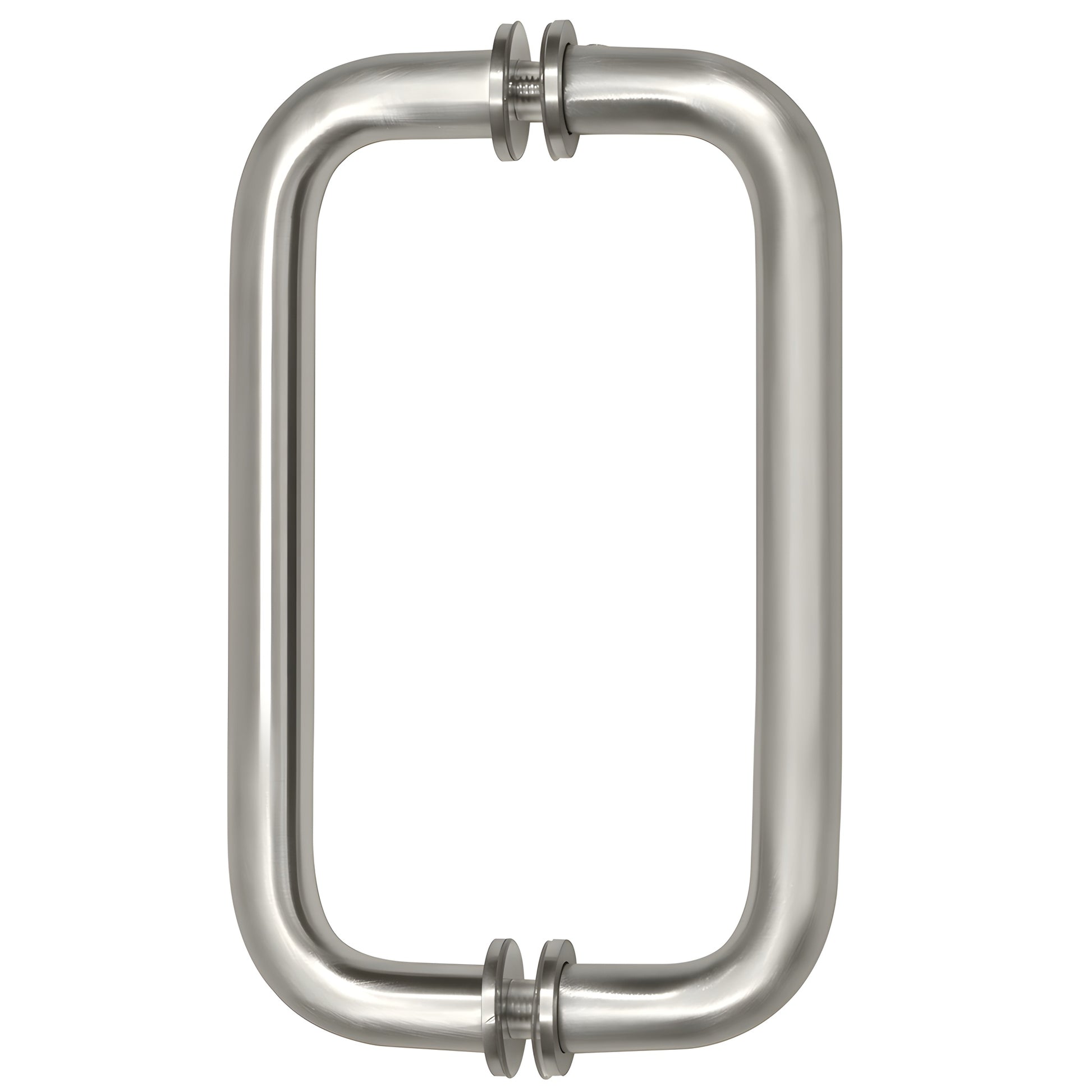 BM8X8SN satin nickel back-to-back tubular glass door pull, 3/4" brass tube, 8" c-c, decorative metal washers