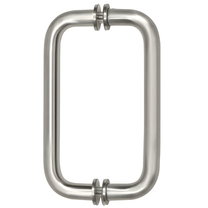 BM8X8SN satin nickel back-to-back tubular glass door pull, 3/4" brass tube, 8" c-c, decorative metal washers