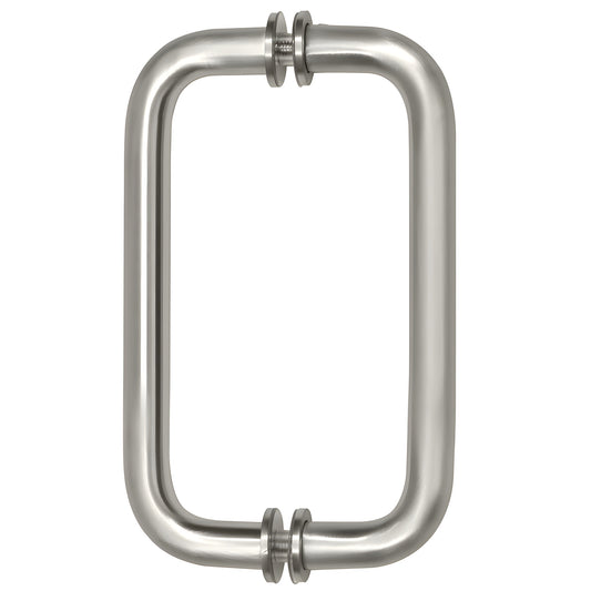 BM8X8SN satin nickel back-to-back tubular glass door pull, 3/4" brass tube, 8" c-c, decorative metal washers