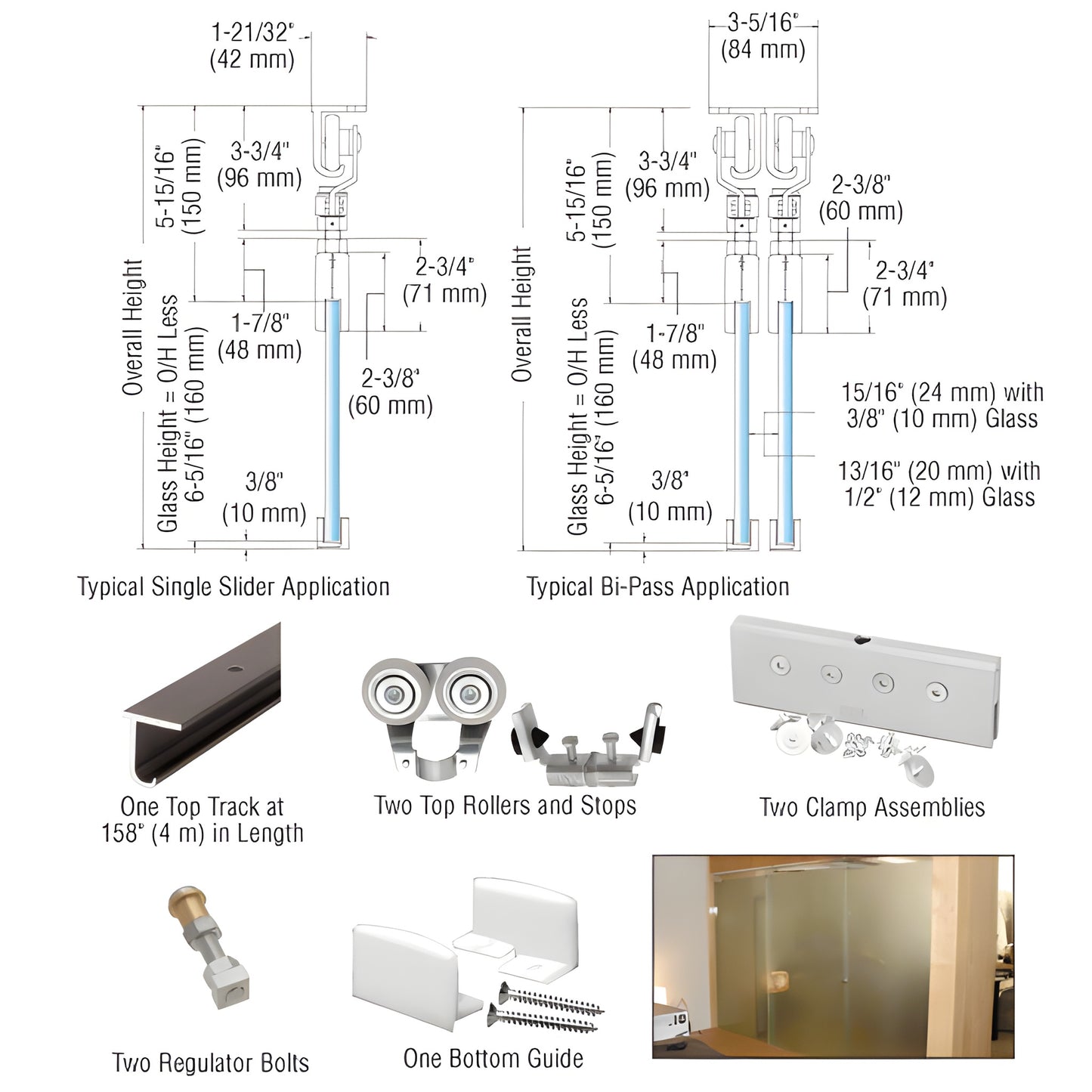 CRL3601 EZ-Slide 180 top-hung single-track sliding door kit for 3/8-1/2" tempered glass, hardware laid out