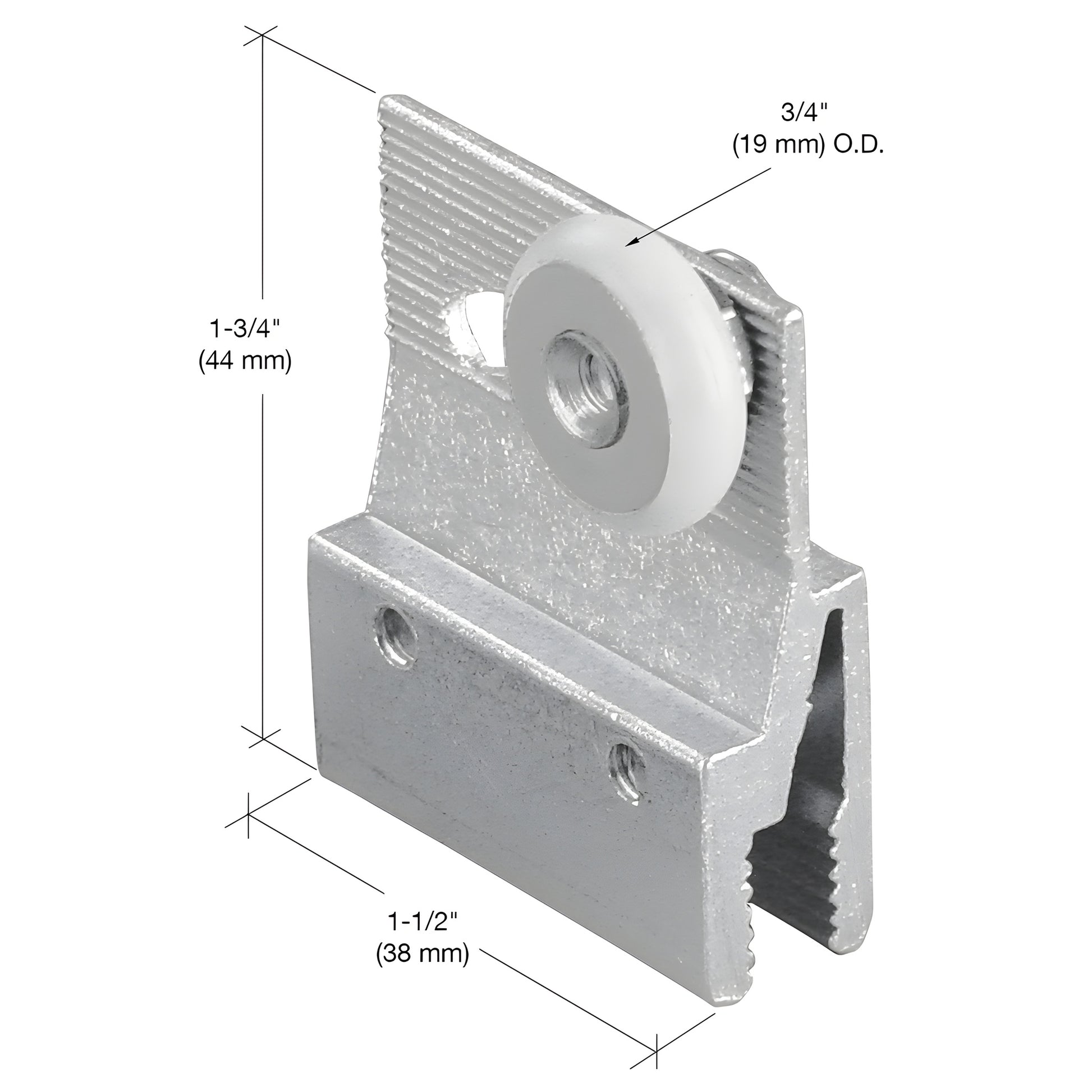 M6145 aluminum shower door bracket with white 3/4 in nylon roller, for 3/16 in frameless glass